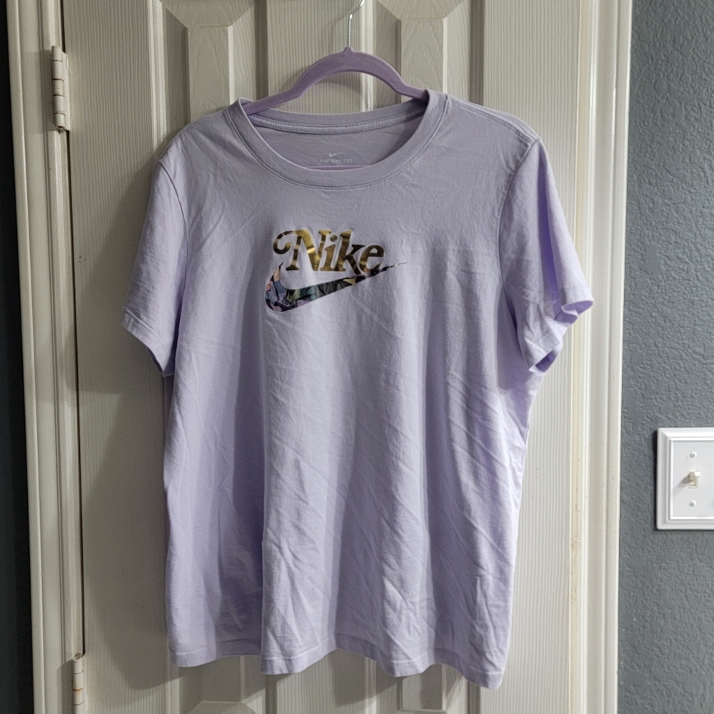 Light Purple Nike Tee with Gold Lettering and Floral Swoosh Logo